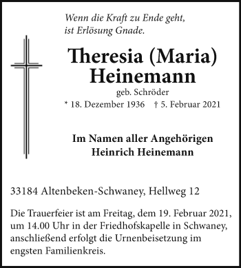 Traueranzeige von Theresia Heinemann von Westfalen-Blatt