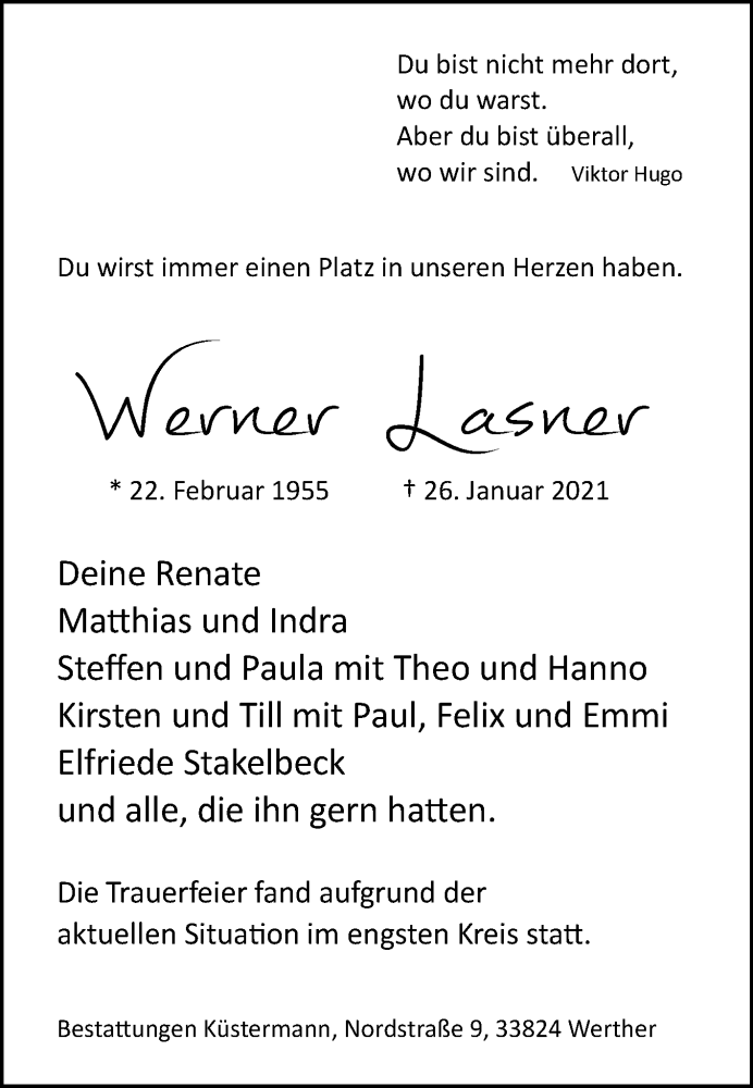  Traueranzeige für Werner Lasner vom 06.02.2021 aus Westfalen-Blatt