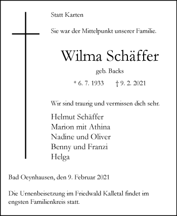 Traueranzeige von Wilma Schäffer von Westfalen-Blatt