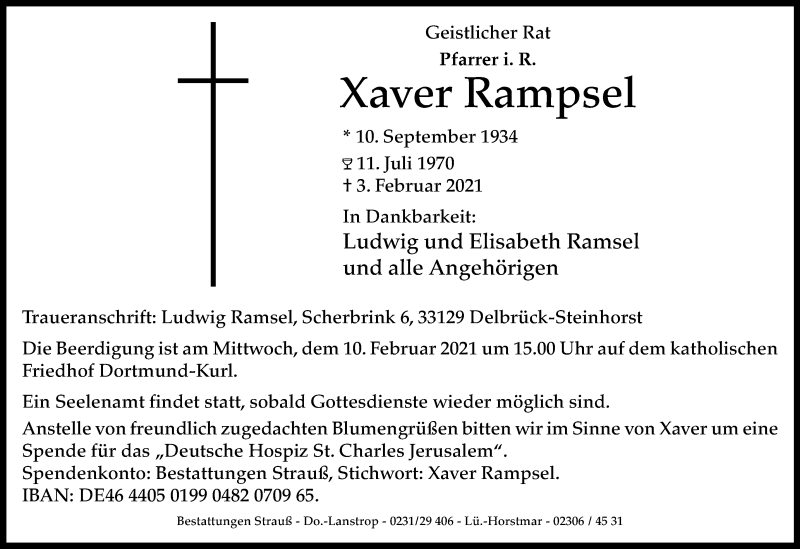  Traueranzeige für Xaver Rampsel vom 06.02.2021 aus Westfalen-Blatt