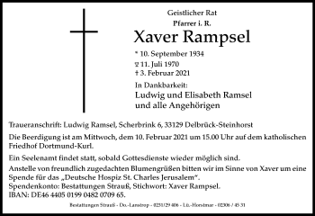 Traueranzeige von Xaver Rampsel von Westfalen-Blatt