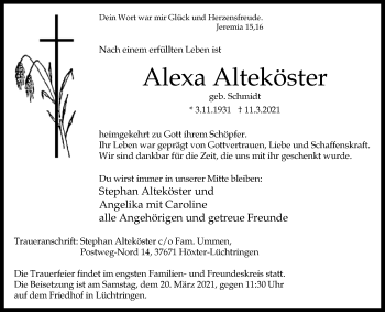 Traueranzeige von Alexa Alteköster von Westfalen-Blatt