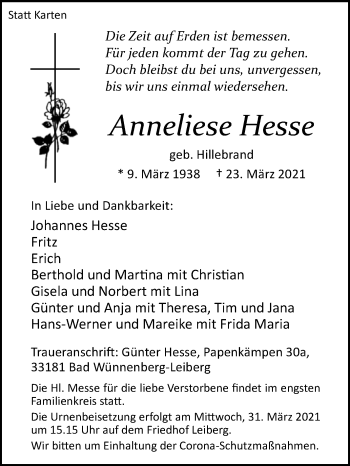 Traueranzeige von Anneliese Hesse von Westfalen-Blatt