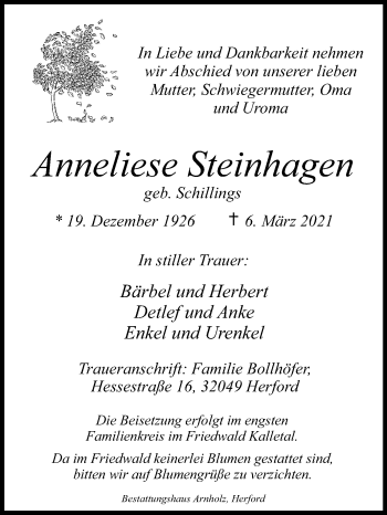 Traueranzeige von Anneliese Steinhagen von Westfalen-Blatt