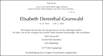 Traueranzeige von Elisabeth Derenthal-Grunwald von Westfalen-Blatt