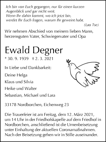 Traueranzeige von Ewald Degner von Westfalen-Blatt