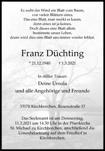 Traueranzeige von Franz Düchting von Westfalen-Blatt