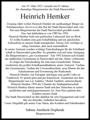 Traueranzeige von Heinrich Hemker von Westfalen-Blatt