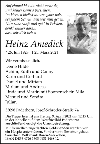 Traueranzeige von Heinz Amedick von Westfalen-Blatt