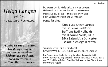 Traueranzeige von Helga Langen von Westfalen-Blatt