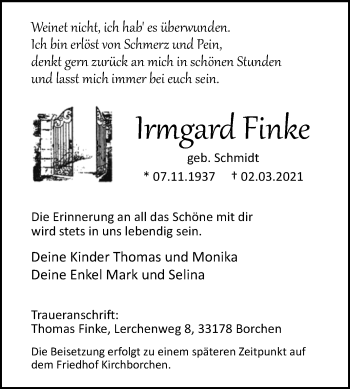 Traueranzeige von Irmgard Finke von Westfalen-Blatt