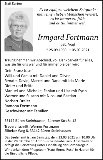 Traueranzeige von Irmgard Fortmann von Westfalen-Blatt