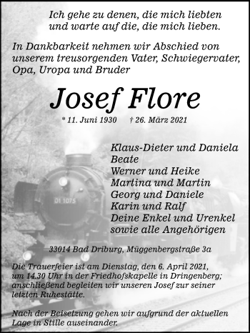 Traueranzeige von Josef Flore von Westfalen-Blatt