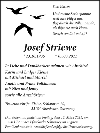 Traueranzeige von Josef Striewe von Westfalen-Blatt