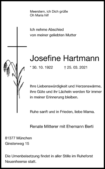 Traueranzeige von Josefine Hartmann von Westfalen-Blatt