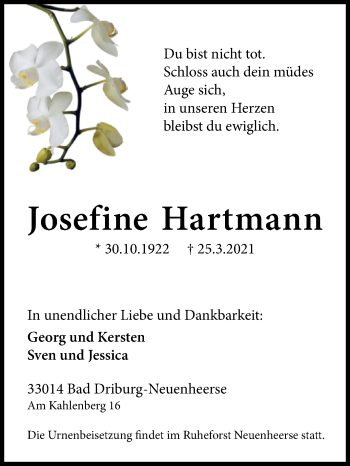 Traueranzeige von Josefine Hartmann von Westfalen-Blatt