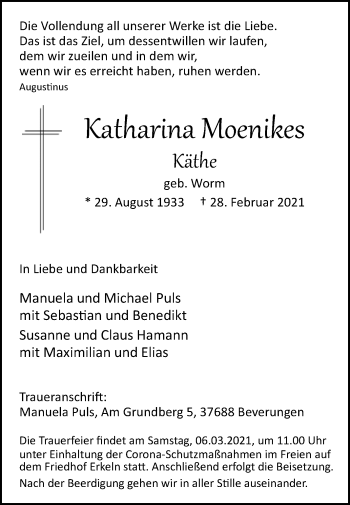 Traueranzeige von Katharina Moenikes von Westfalen-Blatt