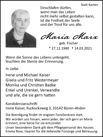 Traueranzeige von Maria Marx von Westfalen-Blatt