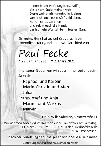 Traueranzeige von Paul Fecke von Westfalen-Blatt