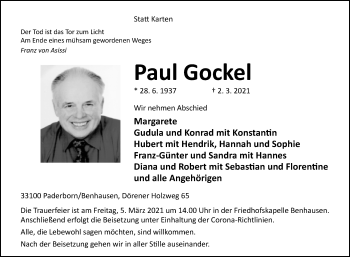 Traueranzeige von Paul Gockel von Westfalen-Blatt