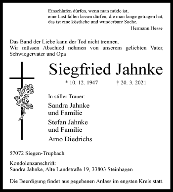 Traueranzeige von Siegfried Jahnke von Westfalen-Blatt