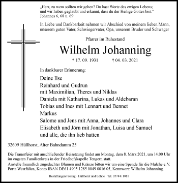 Traueranzeige von Wilhelm Johanning von Westfalen-Blatt