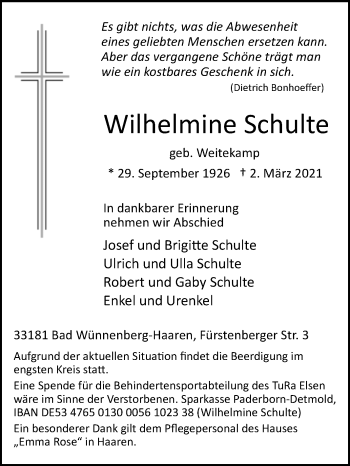 Traueranzeige von Wilhelmine Schulte von Westfalen-Blatt