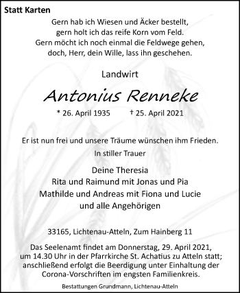 Traueranzeige von Antonius Renneke von Westfalen-Blatt