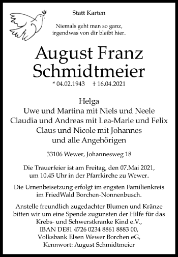 Traueranzeige von August Franz Schmidtmeier von Westfalen-Blatt