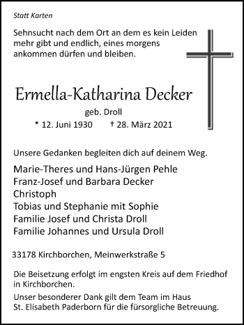 Traueranzeige von Ermella-Katharina Decker von Westfalen-Blatt