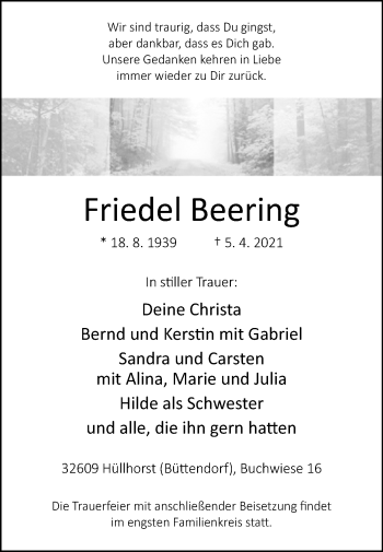 Traueranzeige von Friedel Beering von Westfalen-Blatt