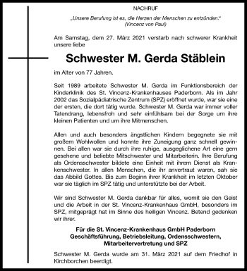 Traueranzeige von Gerda Stäblein von Westfalen-Blatt