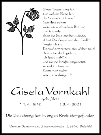 Traueranzeige von Gisela Vornkahl von Westfalen-Blatt