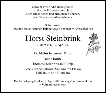 Traueranzeige von Horst Steinbrink von Westfalen-Blatt