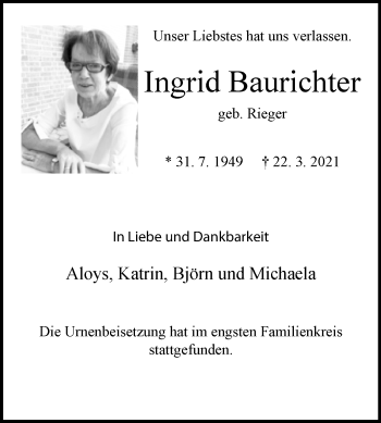 Traueranzeige von Ingrid Baurichter von Westfalen-Blatt