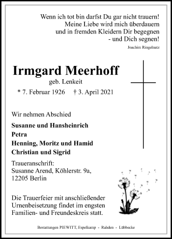 Traueranzeige von Irmgard Meerhoff von Westfalen-Blatt