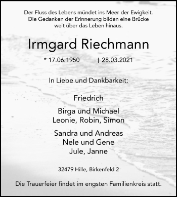 Traueranzeige von Irmgard Riechmann von Westfalen-Blatt