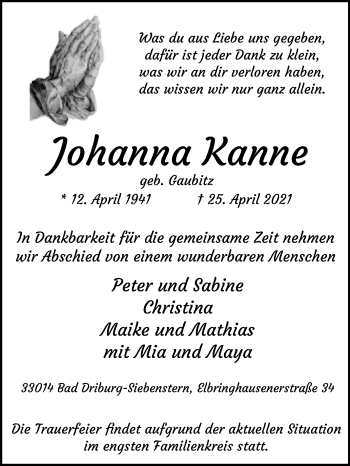 Traueranzeige von Johanna Kanne von Westfalen-Blatt