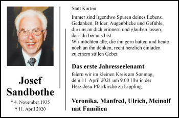 Traueranzeige von Josef Sandbothe von Westfalen-Blatt