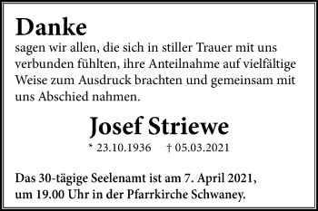 Traueranzeige von Josef Striewe von Westfalen-Blatt