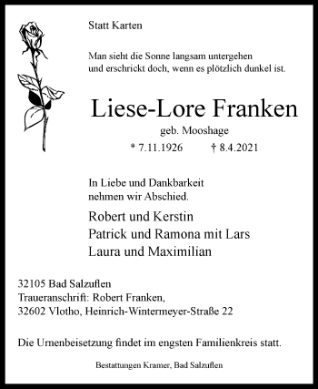 Traueranzeige von Liese-Lore Franken von Westfalen-Blatt