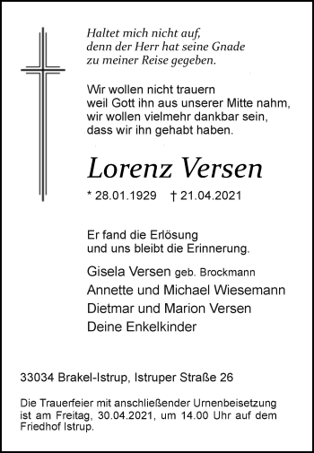 Traueranzeige von Lorenz Versen von Westfalen-Blatt