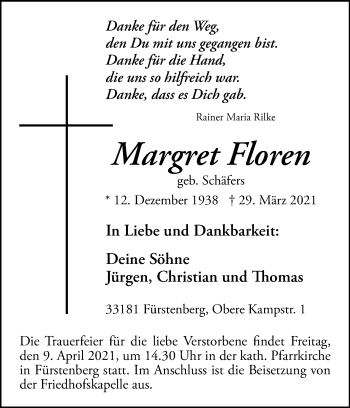 Traueranzeige von Margret Floren von Westfalen-Blatt