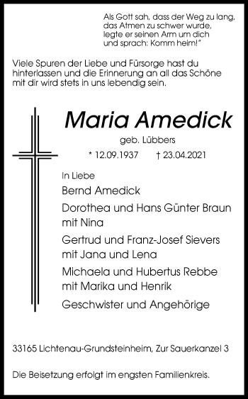 Traueranzeige von Maria Amedick von Westfalen-Blatt