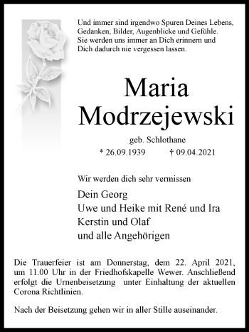 Traueranzeige von Maria Modrzejewski von Westfalen-Blatt