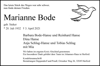 Traueranzeige von Marianne Bode von Westfalen-Blatt