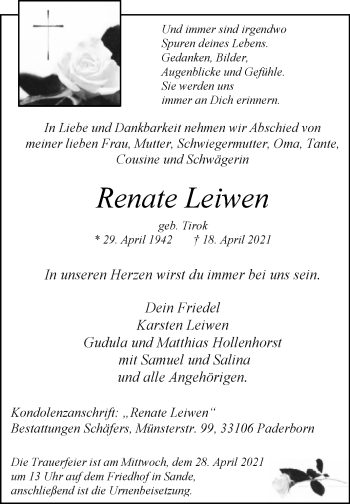 Traueranzeige von Renate Leiwen von Westfalen-Blatt