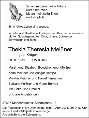 Traueranzeige von Thekla Theresia Meißner von Westfalen-Blatt