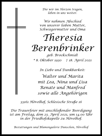 Traueranzeige von Theresia Berenbrinker von Westfalen-Blatt