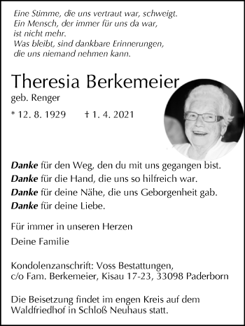 Traueranzeige von Theresia Berkemeier von Westfalen-Blatt